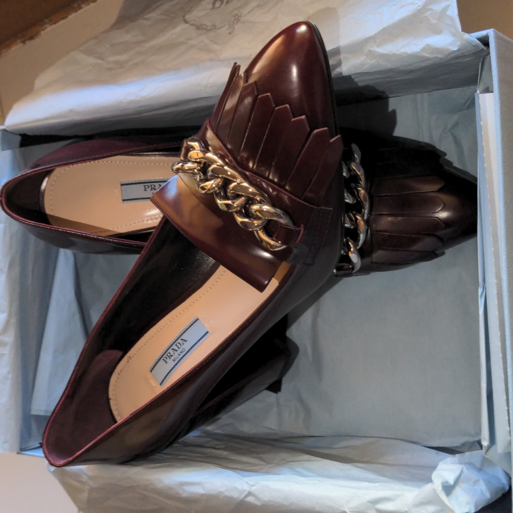 Prada Burgundy Heels with Gold Chain